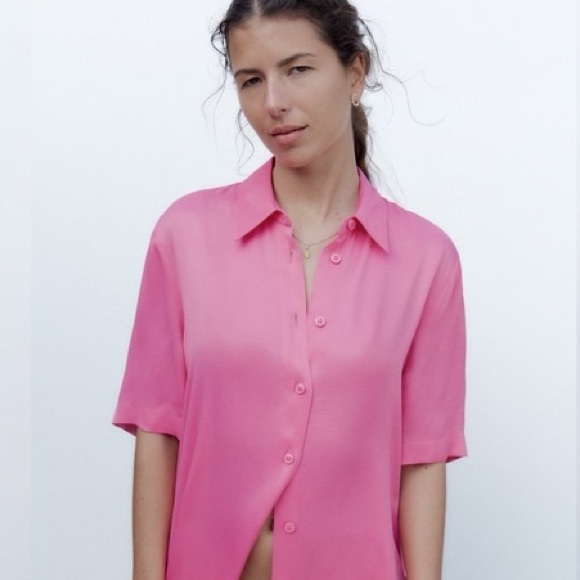 NWT Zara Satin Effect Button Down Blouse, Bright Pink, Med - Picture 4 of 7